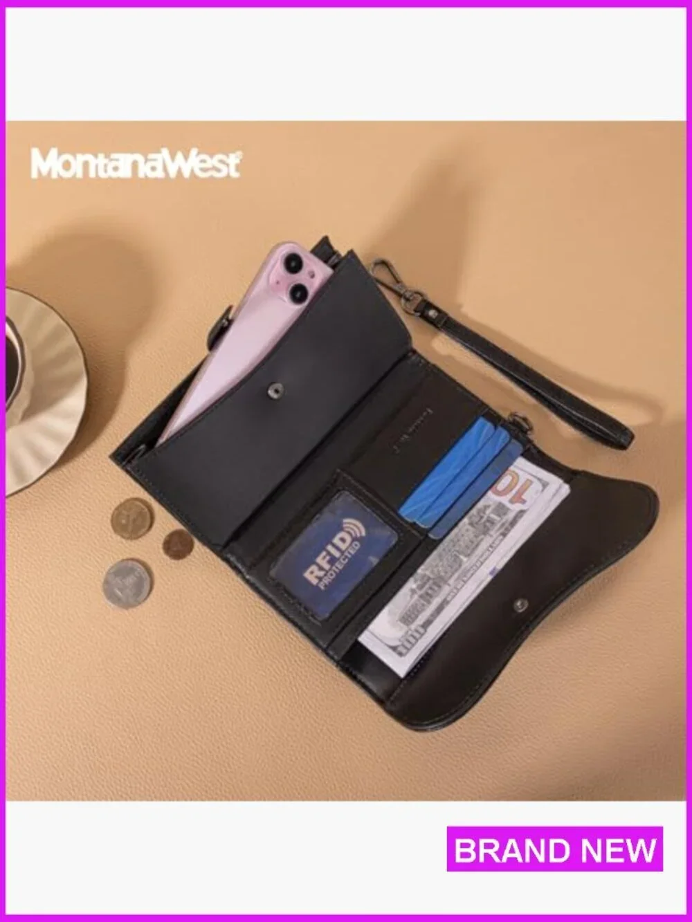 Western Style Trifold Wallet Wristlet with RFID Protection and Phone Compartment